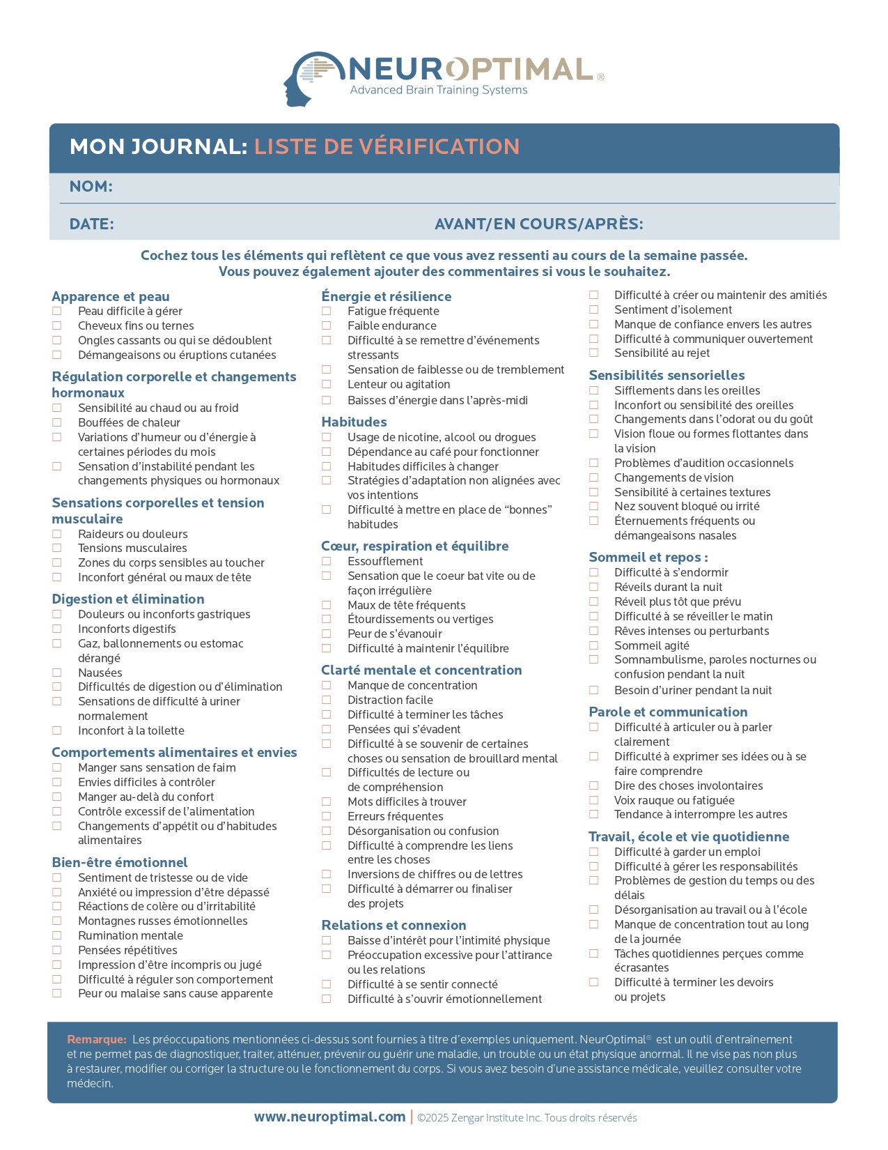 Journal de suivi liste des préoccupations neurofeedback neuroptimal