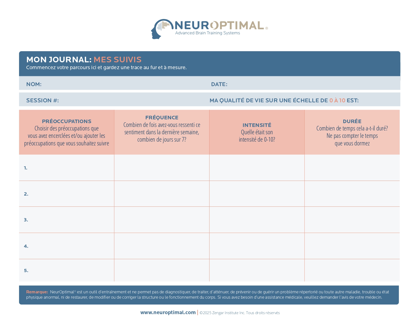 Journal de suivi liste neurofeedback neuroptimal
