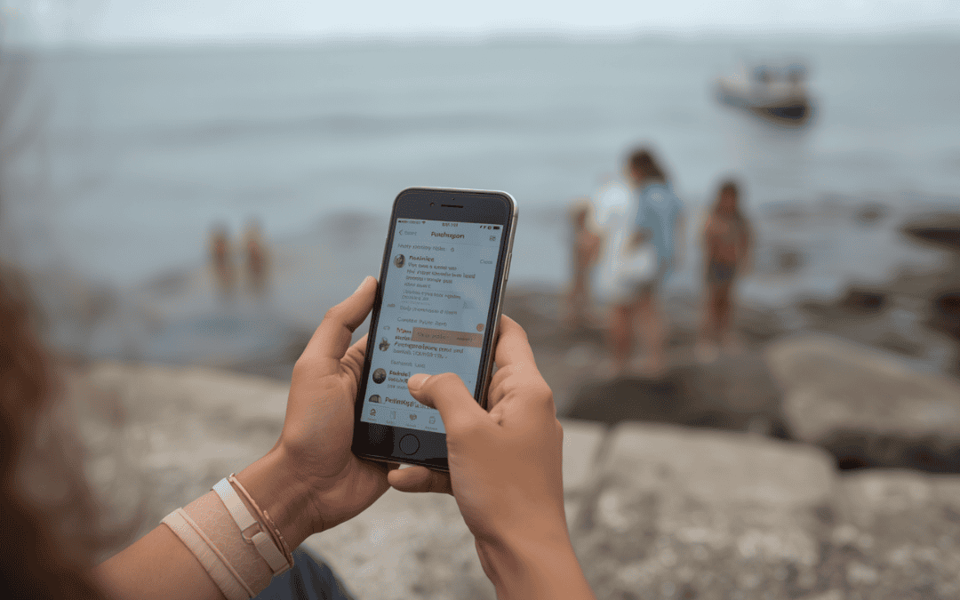 Femme tenant un smartphone au-dessus d’un moment de calme, illustration sur le scroll et la surstimulation du cerveau
