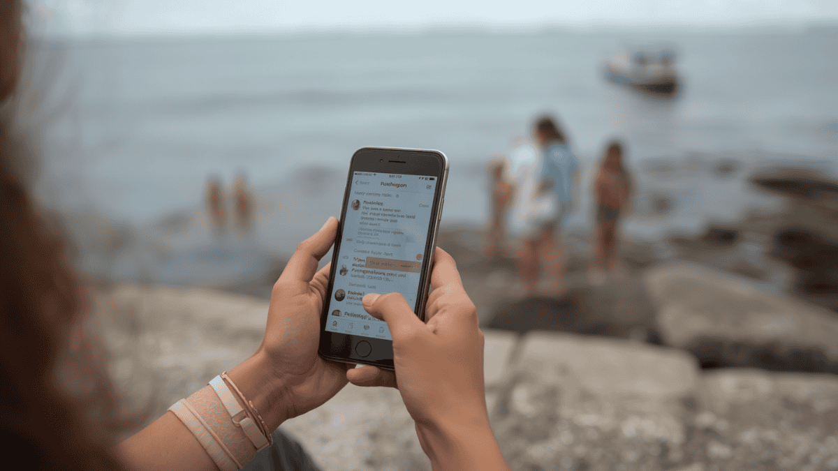 Femme tenant un smartphone au-dessus d’un moment de calme, illustration sur le scroll et la surstimulation du cerveau